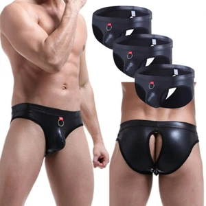 Herren Slips schwarz PU Leder hinten offen Unterwäsche Kostüme Clubwear Tanz Party - Bild 1 von 14