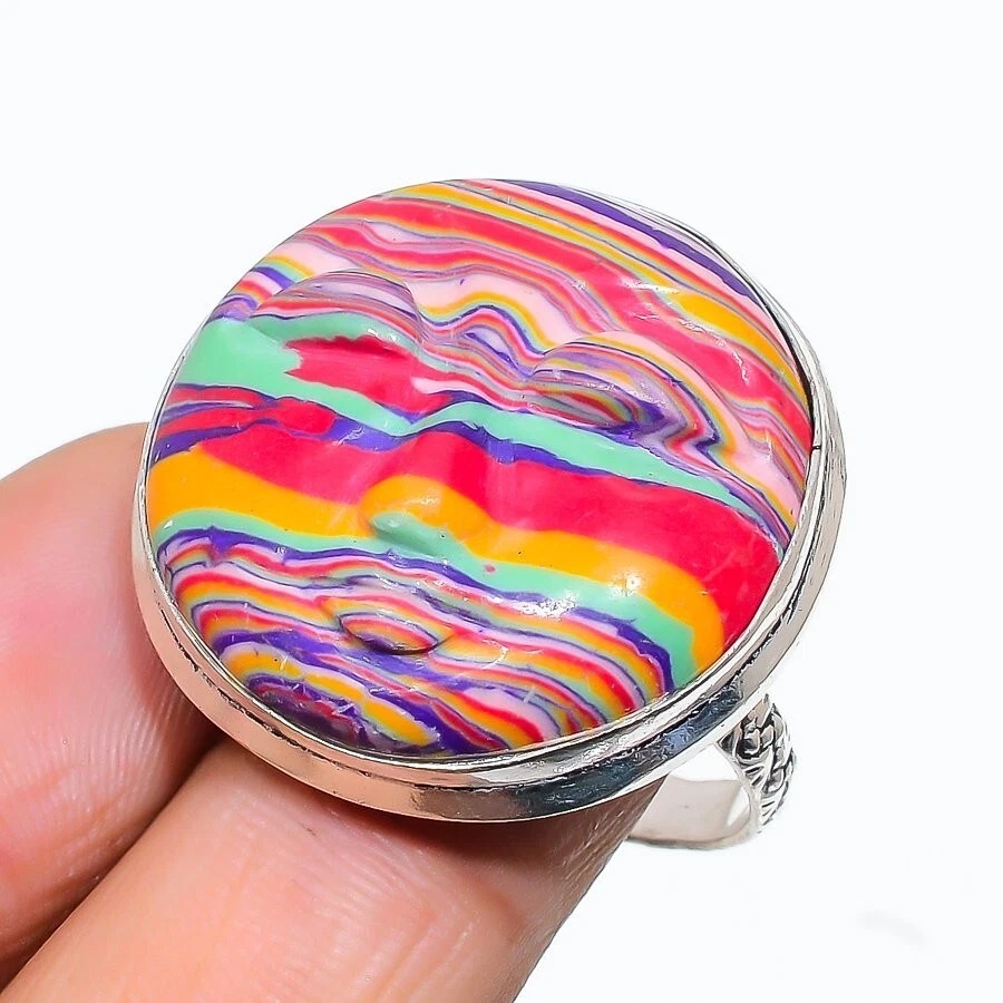 Anillo de joyería hecho a mano con piedras preciosas de calílice arco iris cara luna tamaño ajustable KR-74 Foto 1 de 1