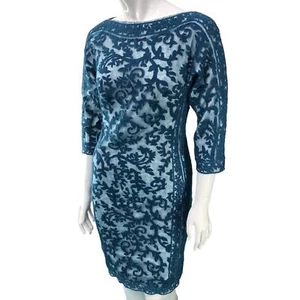 Tadashi Shoji Sz 2 Sheath Dress Embroidered Lace Panel Blue Sheer Cocktail Lined - Picture 1 of 16