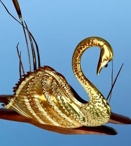 MCM Metal Swan & Cattails on Carved Polished Wood - Picture 1 of 7