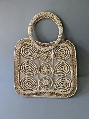 ancien sac cabas en raphia tressé et toile de jute, années 70 - Photo 1/4