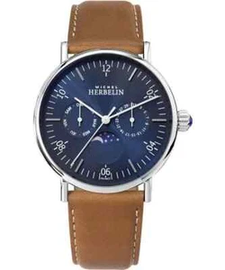 Herbelin Moon Phase 12747/AP15BL Men Leather Straps Blue Analog Dial Watch 38 mm - Picture 1 of 3
