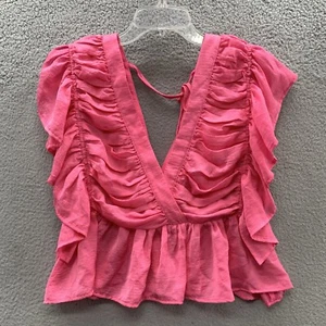 NWT Entro Women's Size M Pink V-Neck Crinkle Ruffle Boho Short Sleeve Shirt Top - Picture 1 of 9