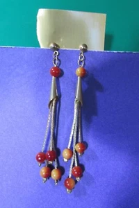 Vintage about 2 1/2" goldtone w/red-orange colored beads dangle pierced earrings - Picture 1 of 4