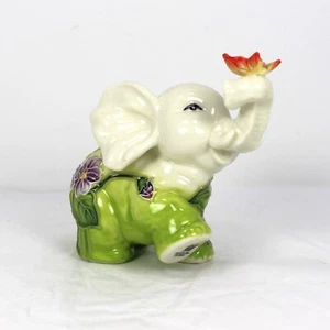 Vintage Old Tupton Elephant Figurine w Butterfly Green & Purple Primrose 4"x3" - Picture 1 of 10
