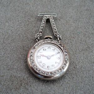 Antique MOVADO 14K White GOLD Ladies DIAMOND PENDANT WATCH Chatelaine Working