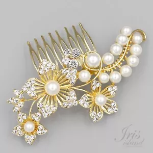 Bridal Hair Comb Pearl Crystal Headpiece Hair Clip Wedding Accessory 09867 Gold - Picture 1 of 6