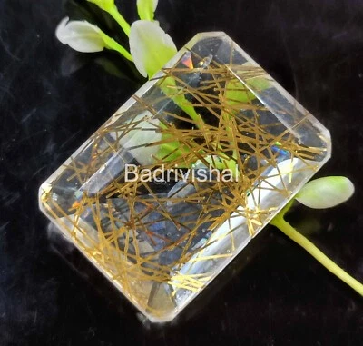 177 Ct Certified Lab-Created Golden Rutilated Quartz Emerald Cut Gemstone 4JUG - Image 1 of 4