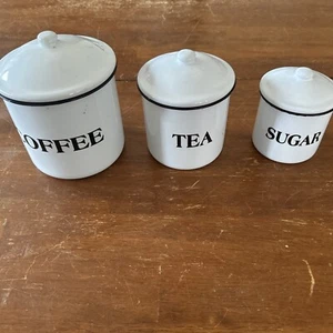 Farmhouse COFFEE TEA SUGAR White Black Enamelware Canister Set Metal Cottage - Picture 1 of 6