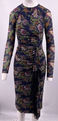 Vestido midi Prabal Gurung azul marino estampado floral fruncido con volantes ribete de encaje talla M Foto 1 de 4