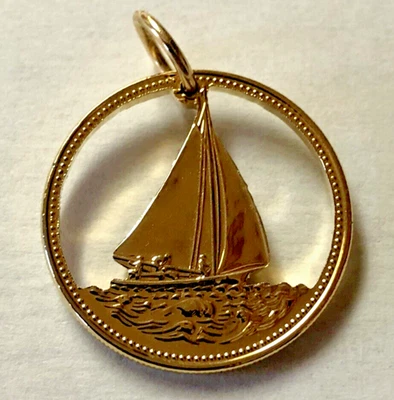 Nautical Sailboat Pendant 24K Yellow Gold Plated Cut From World Coins New - Image 1 of 4