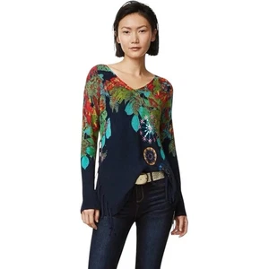 Desigual Pullover Blumen bestickt Fransen Saum Boho Artsy Strick marine Gr. S - Bild 1 von 8