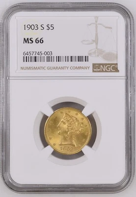 1903-S $5 Liberty Head Gold Coin NGC MS 66 – Rare Top Pop only 9 higher! - Image 1 of 2