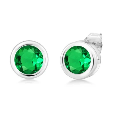 1.54 Ct Round 6mm Green Simulated Emerald 925 Sterling Silver Stud Earrings - Image 1 of 3