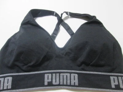Sutiã esportivo Puma tamanho M preto forrado sem fio pulôver transversal roupa atlética - Imagem 1 de 4