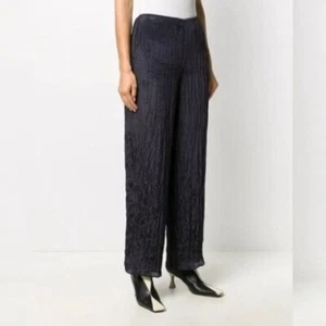 Vince Crinkled Plissé Navy High Waist Wide Leg Pull on Palazzo Pants Size Large - Picture 1 of 12