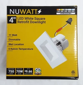 Box of 12, 4” NUWATT LED White Square Retrofit Downlights, NW-SQ-C4-11W-5CCT-WH. - Picture 1 of 14