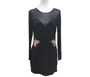 Material Girl Womens Rose Applique Mesh Top Bodycon Dress Black Flowers - Picture 1 of 4