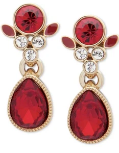 $42 Givenchy Gold Tone Red and Clear Crystal Teardrop Earrings GN1C - Picture 1 of 5