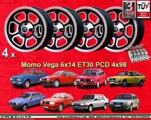 4 rims + dice Momo Vega Alfa Romeo 4x98 Alfetta GTV Giulietta Alfasud Arna nuts - Picture 1 of 24