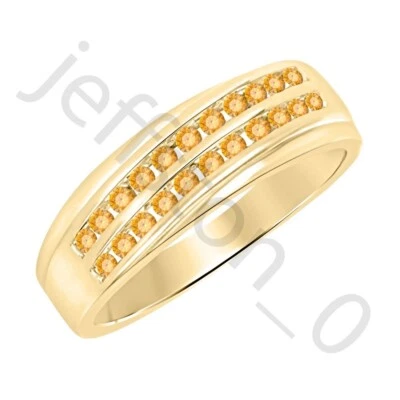 Anillo para hombre de oro amarillo de 14 quilates de citrino creado en laboratorio de 0,90 quilates con banda de dos filas Foto 1 de 4