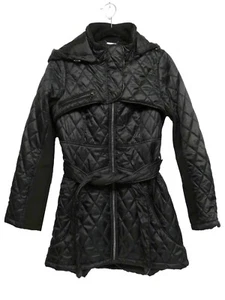Steve Madden Quilted Puffer Jacket Size Small Black Zip Lightweight Belted Hood - Picture 1 of 11