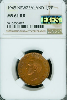 1941 NEW ZEALAND HALF PENNY NGC MS61 RB MAC EXFS OR EXCETIONAL 1ST STRIKE . - Image 1 of 2