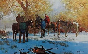 Camp Coffee by Robert Summers Western Cowboy Horses Campfire Snow S/N Limited Ed - Picture 1 of 10