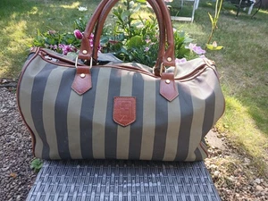 VINTAGE FENDI PEQUIN STRIPE CANVAS BROWN LEATHER WEEKEND BAG USED - Picture 1 of 13