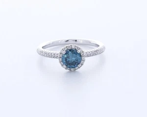 0.9CT Natural Diamond Blue/VS2 Round Brilliant 18K Gold 4-Prong Halo Accent Ring - Picture 1 of 4