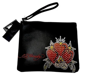 Ed Hardy Wrislet Sparkle Beaded Clutch Handtasche Love Hearts Vegan Schwarz Moto Punk - Bild 1 von 16