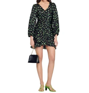 Sandro Ruched Mini Novalee V Neck Floral Dress Size 34 XS NWT Slim Fit MSRP $415 - Picture 1 of 9