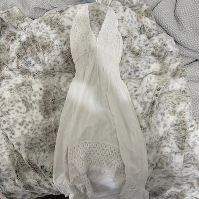 Pretty Women's White Crochet Halter Hi-Lo Mini/Maxi Dress Lace Boho Cotton Med  - Image 1 of 4