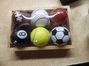 6 Golf Balls - Sports Theme Basketball, Baseball Football POOL SOCCER TENNIS NEW - Picture 1 of 4