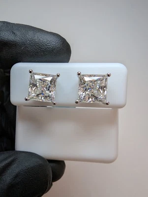 Solid 925 Sterling Silver 8mm Princess Cut Moissanite Solitaire Studs 6ctw - Image 1 of 3