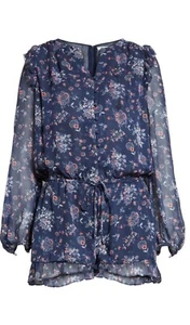 JOIE CHERITA LONG SLEEVE NAVY BLUE FLORAL SILK ROMPER SIZE L  - Picture 1 of 11