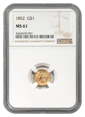 1852 Gold Type 1 Liberty Head $1 Coin NGC MS61 Cover
