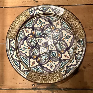 Vintage Moroccan - Moorish Hand Painted Clay Bowl/Dish w/ Brass Embellishment - Picture 1 of 16