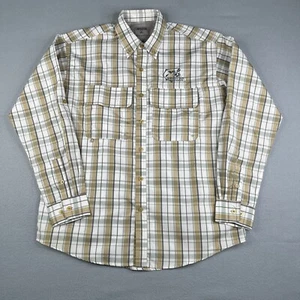 Mossy Oak Fishing Shirt Medium Beige Plaid Button Up Long Sleeve Vented Mens - Picture 1 of 13