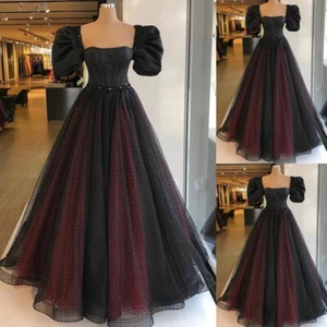Gothic Wedding Dresses Burgundy and Black Puffy Sleeve Floor Length Bridal Gown - Picture 1 of 9