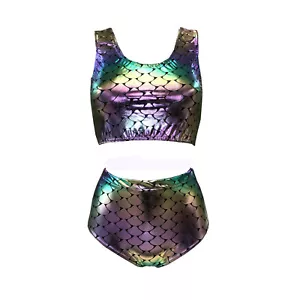 Metálico Sirena Peces Escala Top Corto Bikni Fondo Co-Ord Rave Festival Conjunto - Imagen 1 de 3
