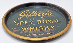 Vintage Tin Printed Round Bar Serving Tray Gilbeys Whisky Original Old