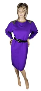 Vintage 80's Plain Jane by Sweet Baby Jane LS Purple Sweater Dress Sequins Sz L - Picture 1 of 13