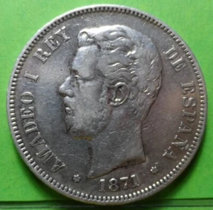 AMADEO I, 5 Pesetas, 1871 *18-75. Ag - Picture 1 of 2