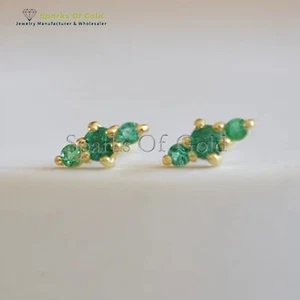 Natural Emerald Mini Stud Earrings 14k Yellow Gold Handmade Jewelry Gift For Her - Picture 1 of 2