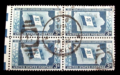 US Stamp Scott 492 Iowa Statehood 3 Cent Block of 4 Used 1946 Fancy Cancel - Image 1 of 2
