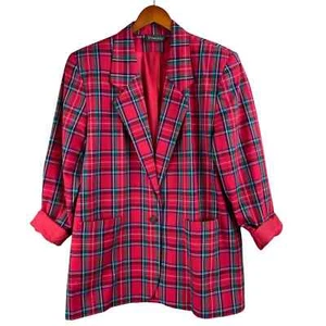 Vintage Red Plaid Tartan 100% Cotton Blazer Holiday Preppy Punk Size L - Picture 1 of 6