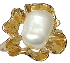 14k-y Gold Süßwasser Perle Plumeria Blume Ring - Bild 1 von 6