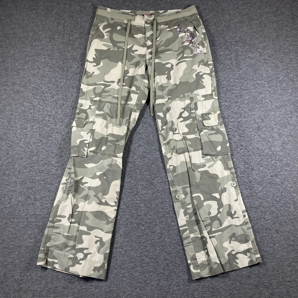 Y2K SO Baggy Camo Cargo Pants Womens 7 Camouflage Drawstring Floral Embroidered - Image 1 of 4