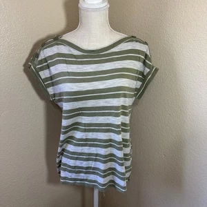 Talbots Women's Green Stripes Cap Sleeve Button Shoulder Blouse 100% Pima Cotton - Picture 1 of 4